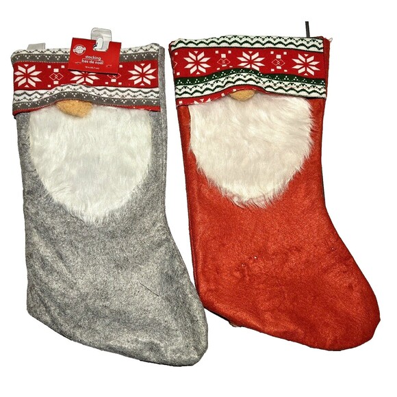 Vintage Gnome Christmas Stocking Pair Fur White Beard Nose Red Gray 18" NWT NOS - Picture 1 of 6